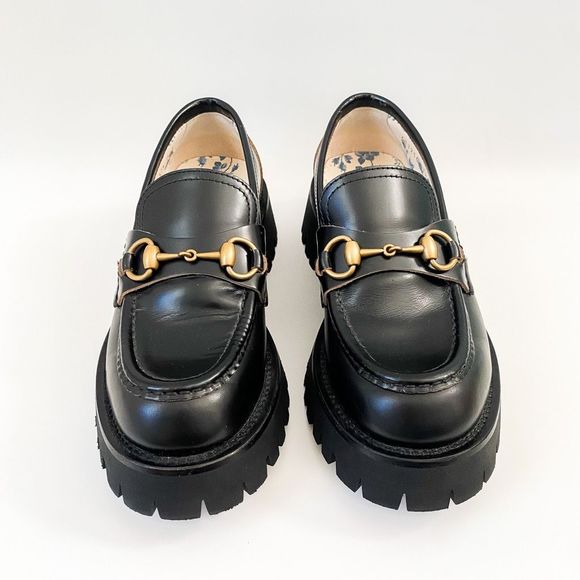 Gucci Loafers Lug Sole Chunky Black Leather Horsebit Size 37.5, 7.5 - Picture 3 of 14